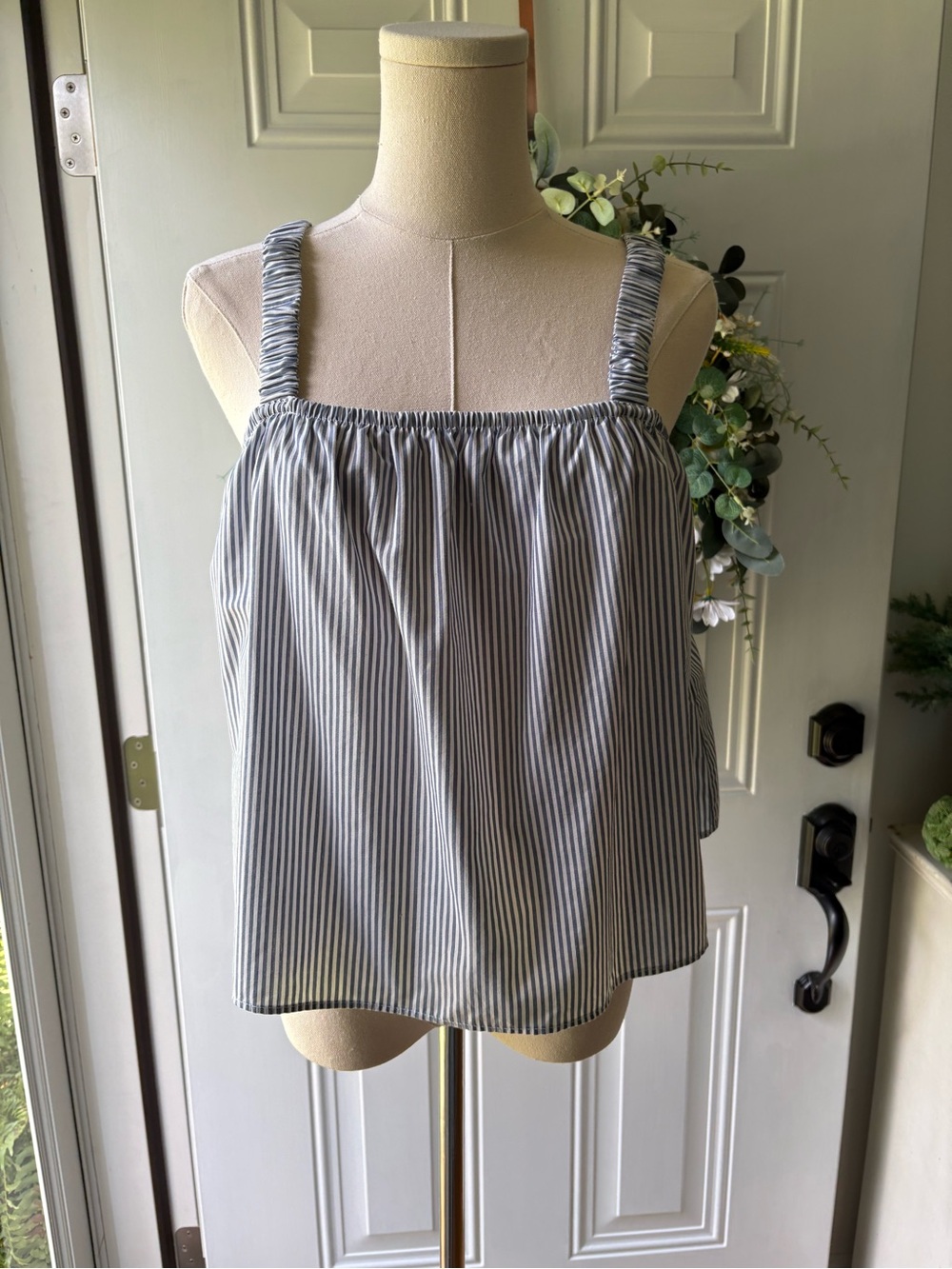 Abercrombie & Fitch Blue and White Striped Ruched-Strap Tank